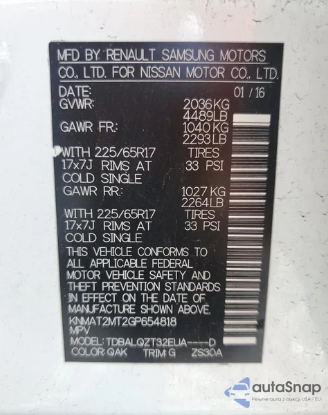 2016 Nissan Rogue S z USA, uszkodzony, nr VIN KNMAT2MT2GP654818